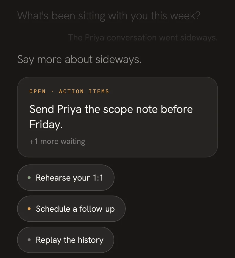 ONO’s Path view with a conversation, action items, and contextual prompts